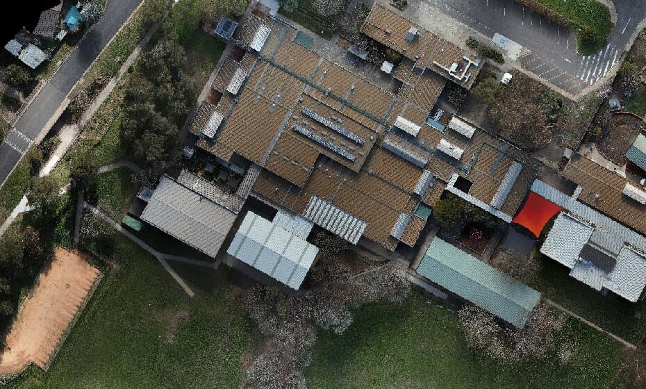 High-resolution orthophoto of the school roofs from directly above