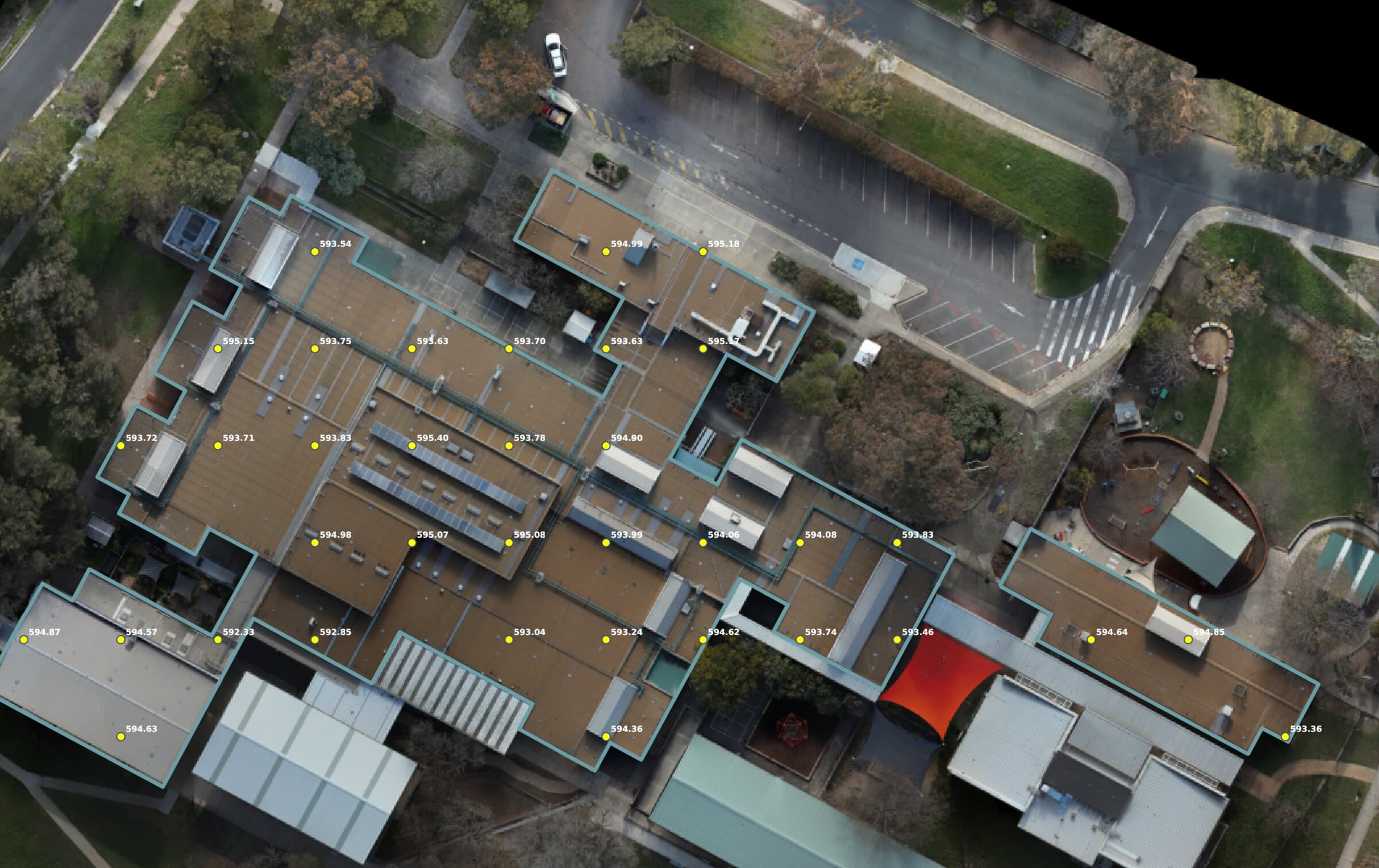 School roofs with the measured outline in teal and spot heights in metres AHD