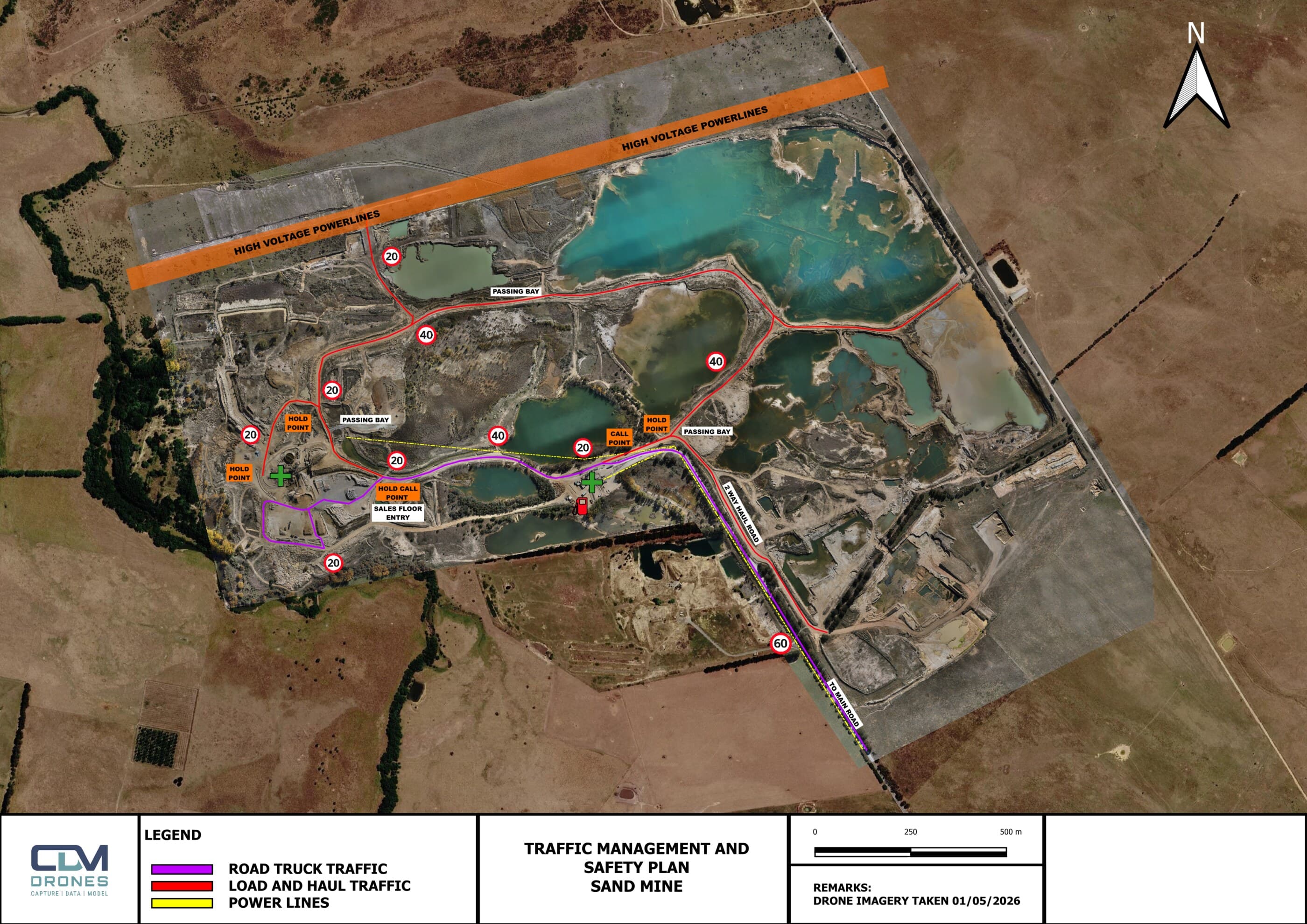 Annotated aerial traffic and safety map of an active quarry